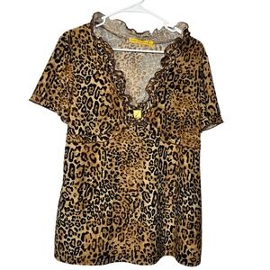 Lloyd Williams ‎ Leopard Print Tunic Top Ruffle Neck Short Sleeve Women's Size L